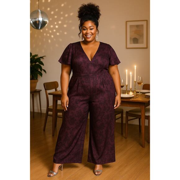 Torrid 2X Purple Floral Wide Leg Jumpsuit Flutter Sleeve Pockets lace pattern - Picture 1 of 10